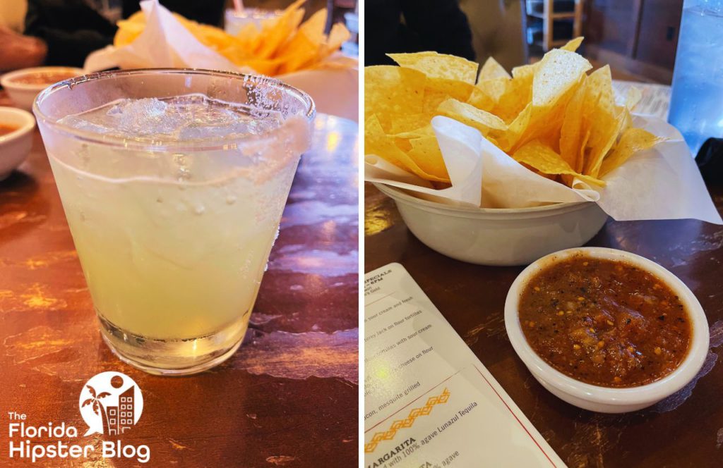 Uncle Julio's Tex Mex Restaurant in ICON Park in Orlando, Florida Margarita next to Chips and Salsa. Keep reading to get the best lunch in Orlando!