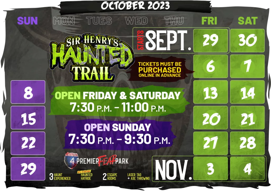 2023 Sir Henry's Haunted Trail Schedule. One of the best things to do in Florida for Halloween.