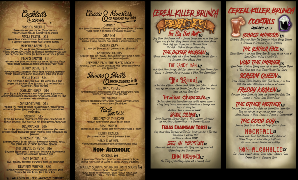 Cocktails and Screams Menu. One of the best things to do in Florida for Halloween.