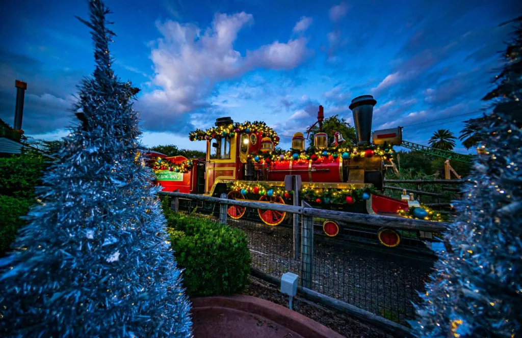 Holiday Train Ride during Busch Gardens Christmas Town. One of the best things to do in Florida at Christmas.
