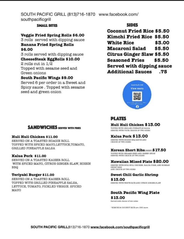 Menu at South Pacific Grill Food Truck on Facebook