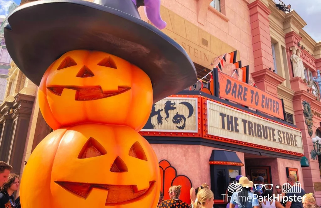 Mr Sweets Scare zone with large pumpkins Tribute Store Merchandise HHN 31 Halloween Horror Nights 2022 Universal Orlando. Keep reading to get the best things to do in Florida for Halloween and Fall!