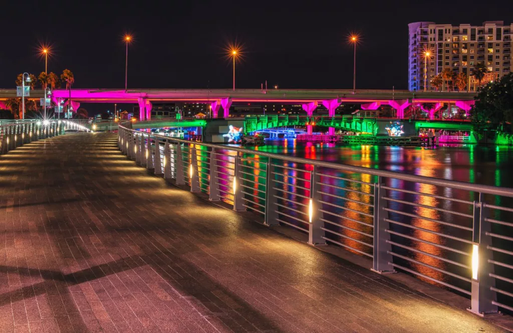 Tampa Riverwalk during the holidays Keep reading to get the best Christmas Lights in Tampa, Florida.