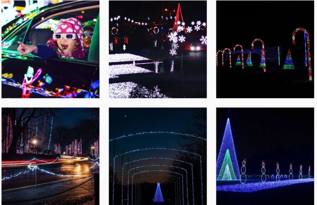 Instagram Page of Christmas Nights in Lights at Dezerland Park. with photos of  Christmas lights and a child excited looking out the car window at all the fun Christmas lights. Keep reading to get the full guide on the best places to celebrate birthday in Orlando.