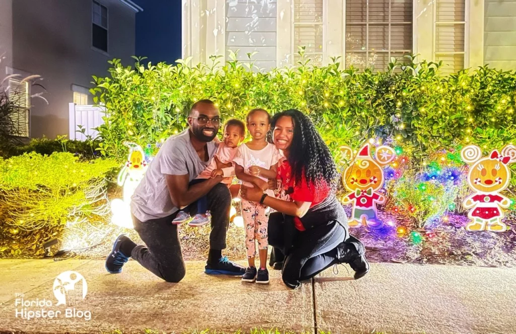 NikkyJ and Family on Jeter Street in Celebration, Florida for Holiday Lights. One of the best things to do in Florida at Christmas.