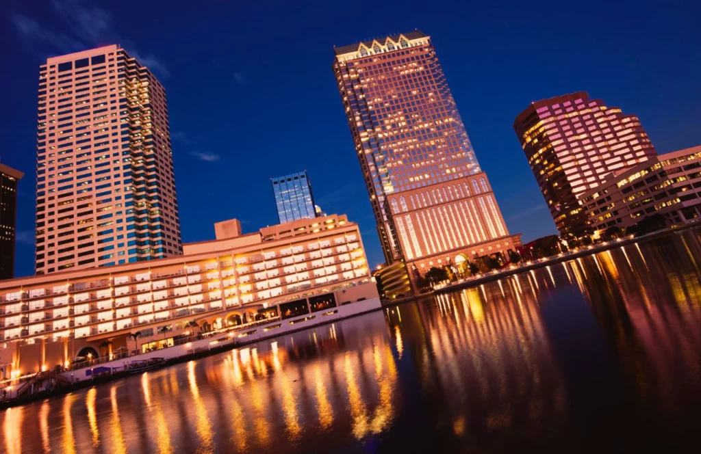 Downtown Tampa near Channelside at night. Keep reading to learn more of what to do in Tampa that is free. 