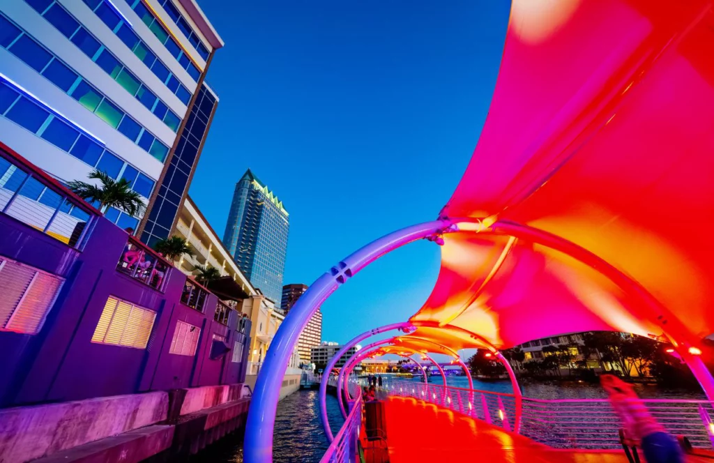 Fourth Friday Tampa on Riverwalk at Night. One of the best free things to do in Tampa, Florida. Keep reading to discover what to do in Tampa that is free. 