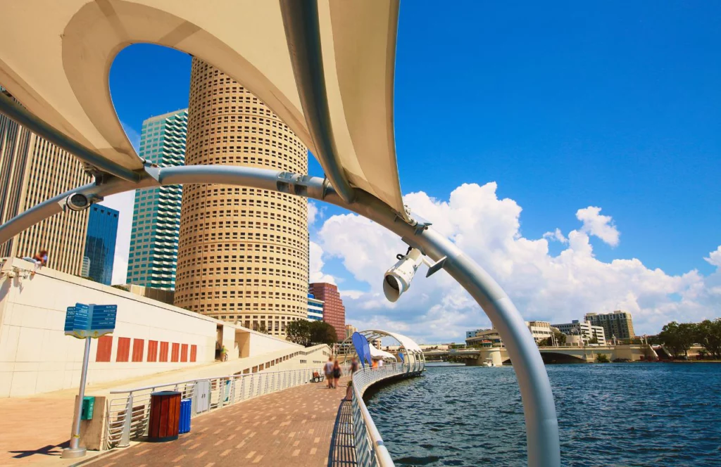 Tampa Riverwalk near water. One of the best free things to do in Tampa, Florida