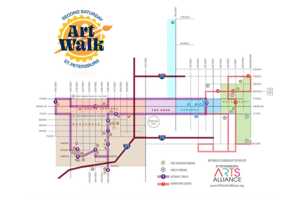 Second Saturday Artwalk in St Petersburg map. Keep reading to get the best free things to do in St. Petersburg, Florida.