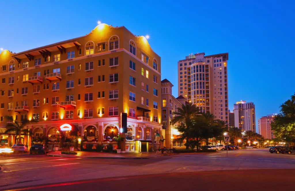 Downtown St. Pete at night. Keep reading to get the best days trips from The Villages, Florida.