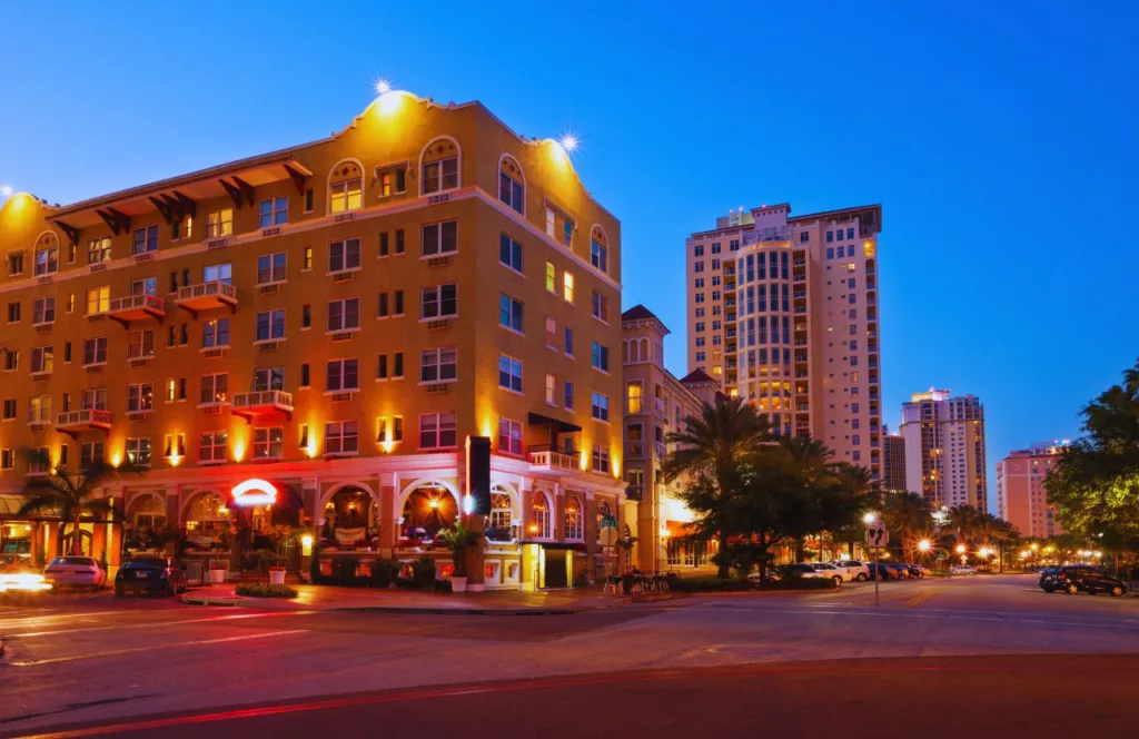 Downtown St. Pete at night. One of the best free things to do in St. Petersburg, Florida