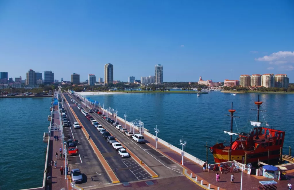 Overlooking downtown St. Petersburg, Florida from the top of the pier. One of the best free things to do in St. Petersburg, Florida. Keep reading to find out fun and free things to do in St. Petersburg, Florida.  