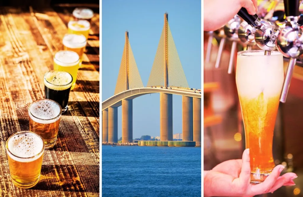 Welcome to the Best Breweries in Tampa, Florida with Skyway Bridge and craft beers on the photo
