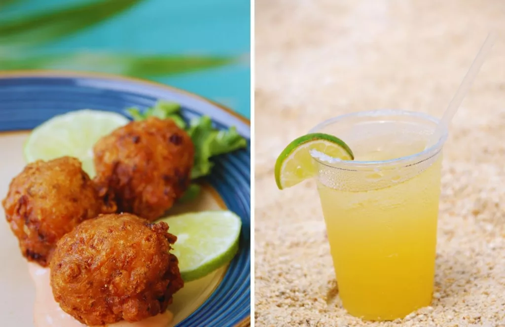 Florida Keys Conch Fritters and Margarita on the beach sand. Keep reading to learn about the best Florida beaches for a girl's trip!