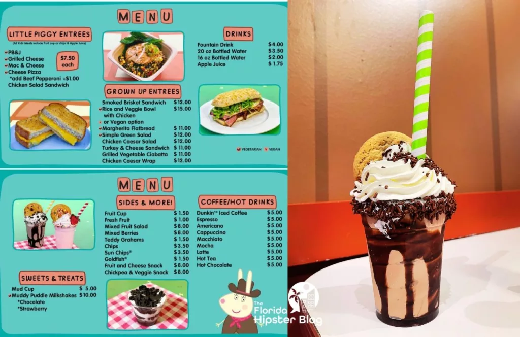 Peppa Pig Theme Park Florida Diner Food Menu next to Muddy Puddles Chocolate Milkshake. Keep reading to find out everything you need to know about visiting Peppa Pig Theme Park. 