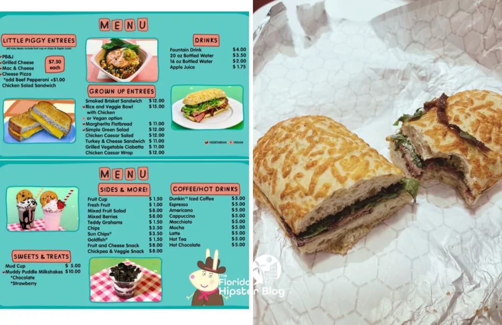 Peppa Pig Theme Park Florida Food Menu next to Smoked Brisket Sandwich. Keep reading for the full guide to Peppa Pig Theme Park.  