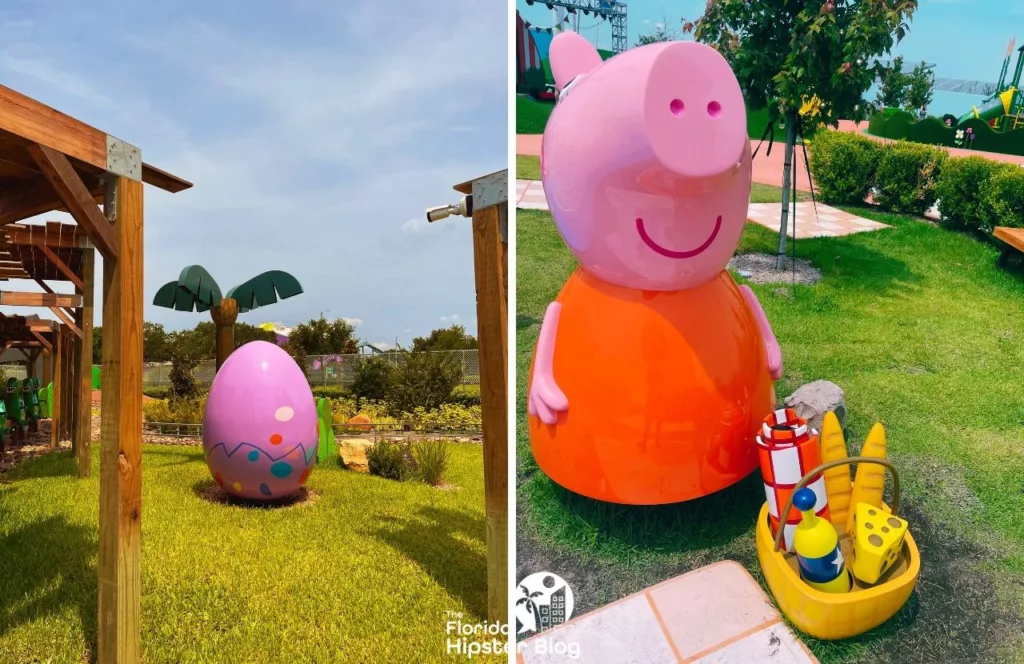 Peppa Pig Theme Park Florida Grampy Rabbit's Dinosaur Adventure pink egg next to Mommy Pig