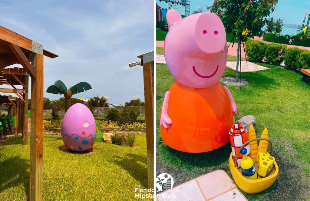 Peppa Pig Theme Park Florida Grampy Rabbit's Dinosaur Adventure pink egg next to Mommy Pig. Keep reading to find out how to plan a day at Peppa Pig Theme Park.  