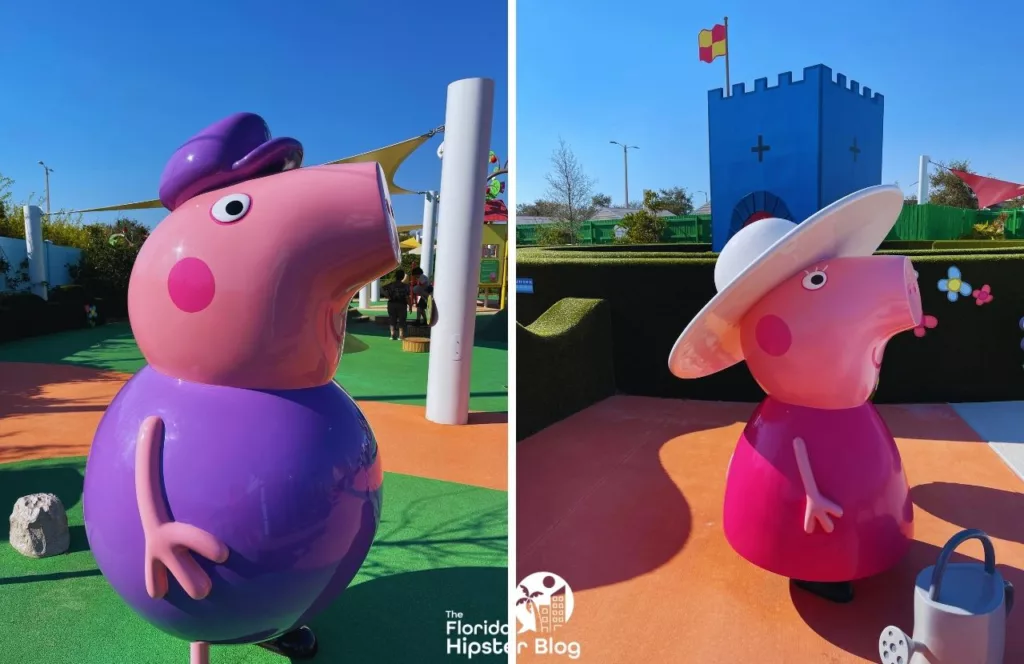 Peppa Pig Theme Park Florida Grandpa Pig and Grandma Pig in front of blue castle and playground. Keep reading to find out all the things to do at Peppa Pigs Theme Park.  