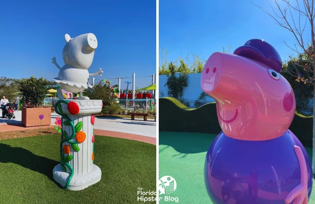 Peppa Pig Theme Park Florida White Statue of Peppa Pig next to Grandpa Pig. Keep reading to learn how to plan a day at Peppa Pig Theme Park.  