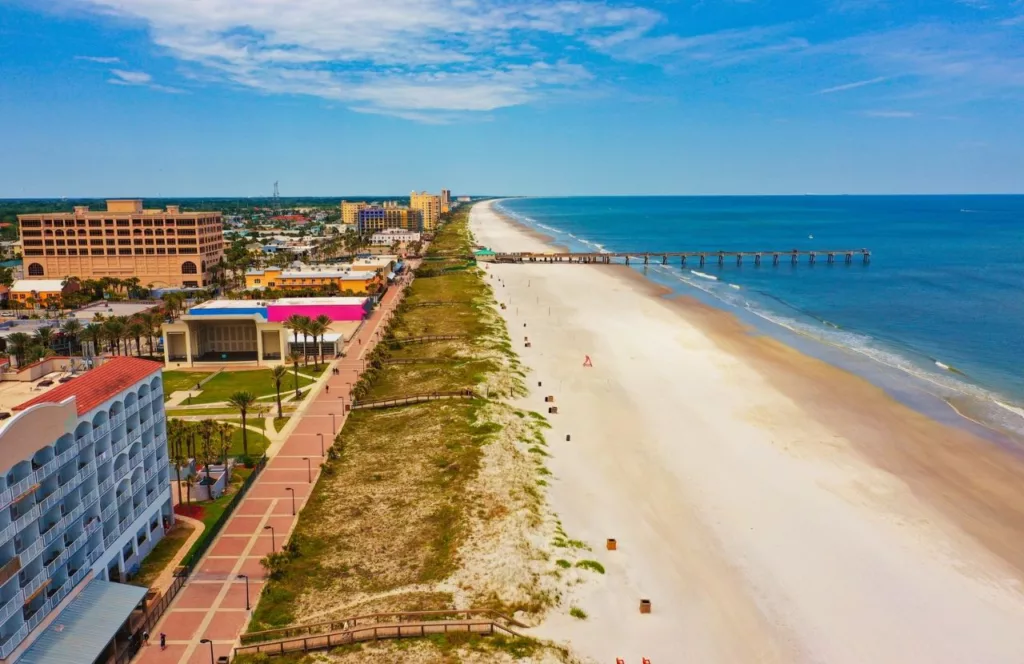 Aerial View of Jacksonville Oceanfront Park. One of the best fun and free things to do in Jacksonville, Florida. Keep reading to find out more of the best things to do in Jacksonville that are free. 