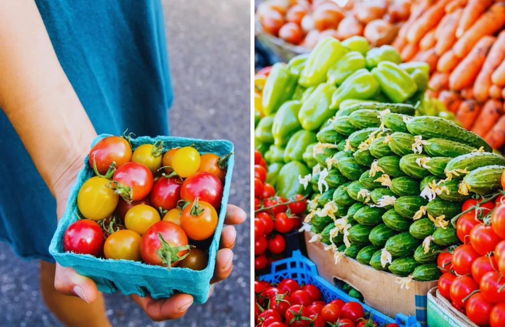 Lady holding a pint of tomatoes next to vegetable stand. Keep reading to learn more about the best farms to visit in Orlando.