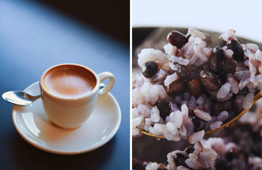 Box of Cubans Coffee Expresso next to black beans and rice. Keep reading to get the best lunch in Tampa, Florida