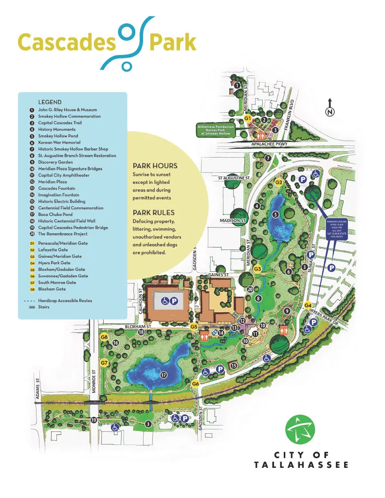 Cascades Park Map in Tallahassee, Florida. Keep reading to learn about the best things to do in the Florida Panhandle. 