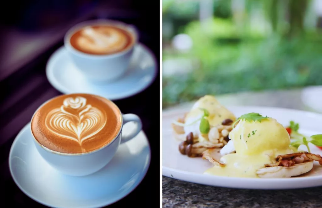 EJ's Bayfront Cafe with a cup of java and  latte art on top as well as a breakfast dish. Keep reading to learn more about breakfast in Naples. 