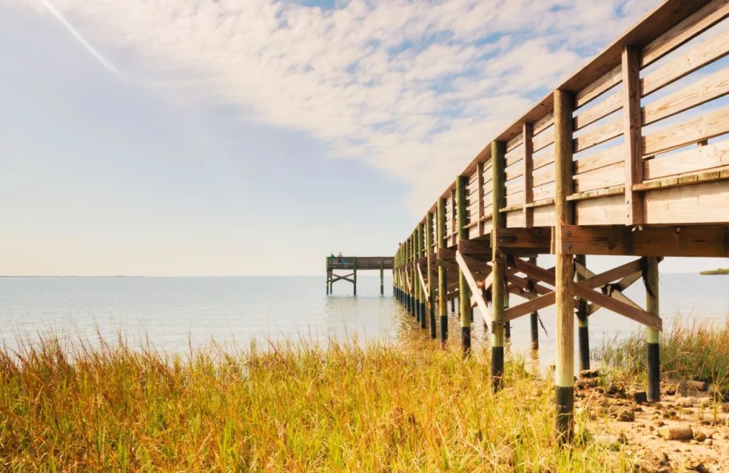 Fort Island Gulf Beach in Crystal River, Florida Pier. One of the Best Beaches Near Gainesville, Florida