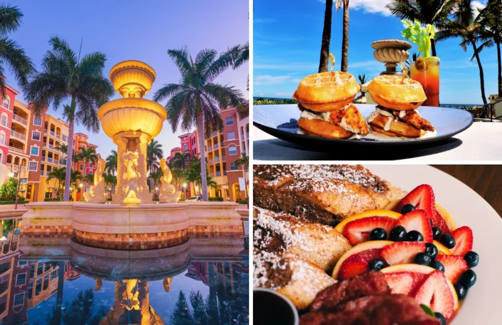 Chicken and waffles on a beach next to the town square and French toast with berries and bacon at the bottom. Keep reading to discover more of the best places for Naples breakfast. 