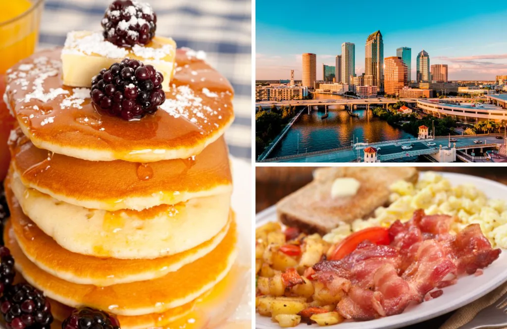 Full guide to the best breakfast in Tampa with pancakes topped with syrup and black berries with bacon eggs potatoes toast and the city of Tampa Skyline