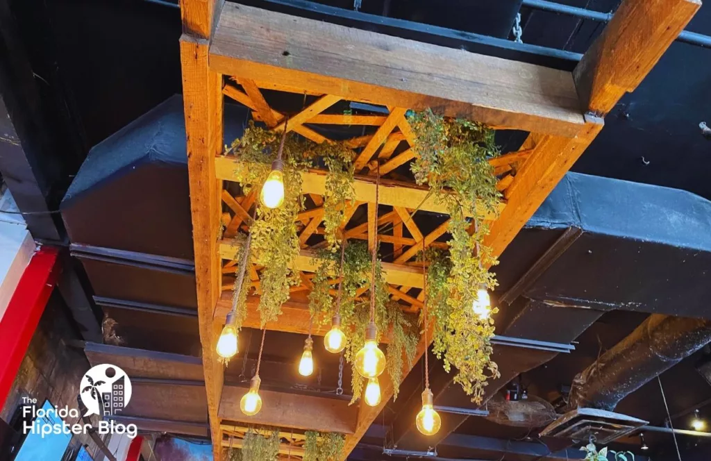 Hoptinger Brewery of hanging lights in plant foliage. One of the best things to do in Jacksonville, Florida. Keep reading to find out all you need to know about Jacksonville breweries. 