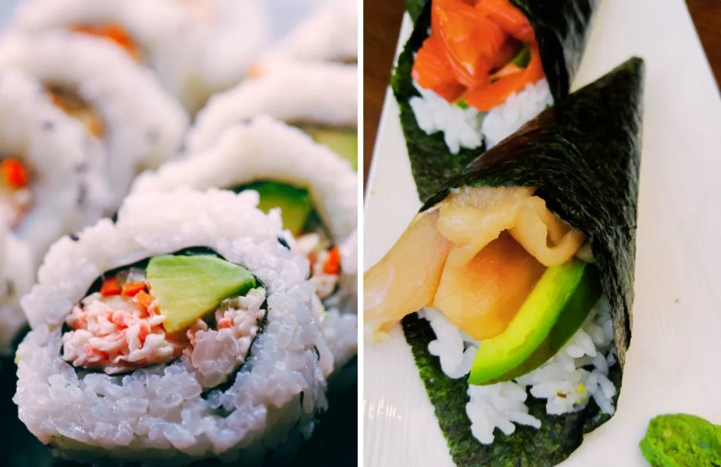 Keep reading for the best sushi in Jacksonville, Florida Sushi X roll with crab and avocado next to temaki