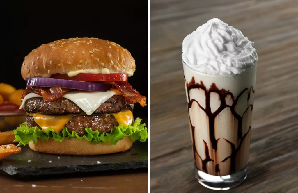 Juicy burger with bacon next to chocolate milkshake. Keep reading to learn more about where to go in Gainesville for the best burger 