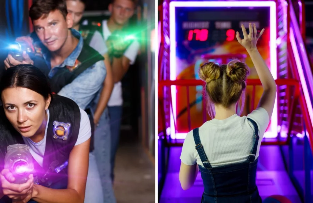 Keep reading for the full guide to Orlando nightlife and things to do tonight. People playing Laser Tag and Basketball Arcade Game.