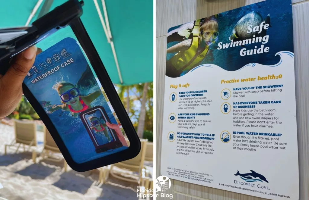 Keep reading learn about what to pack for Florida and how to create the best Florida Packing List Waterproof phone case next to safe swimming guide at SeaWorld's Discovery Cove
