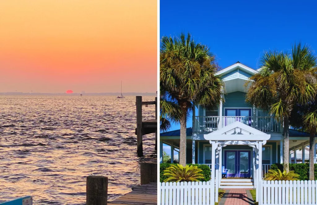 Blue Mountain Beach at sunrise with beautiful blue home on the right. Keep reading to learn about the Best Public Beaches in Destin, Florida 