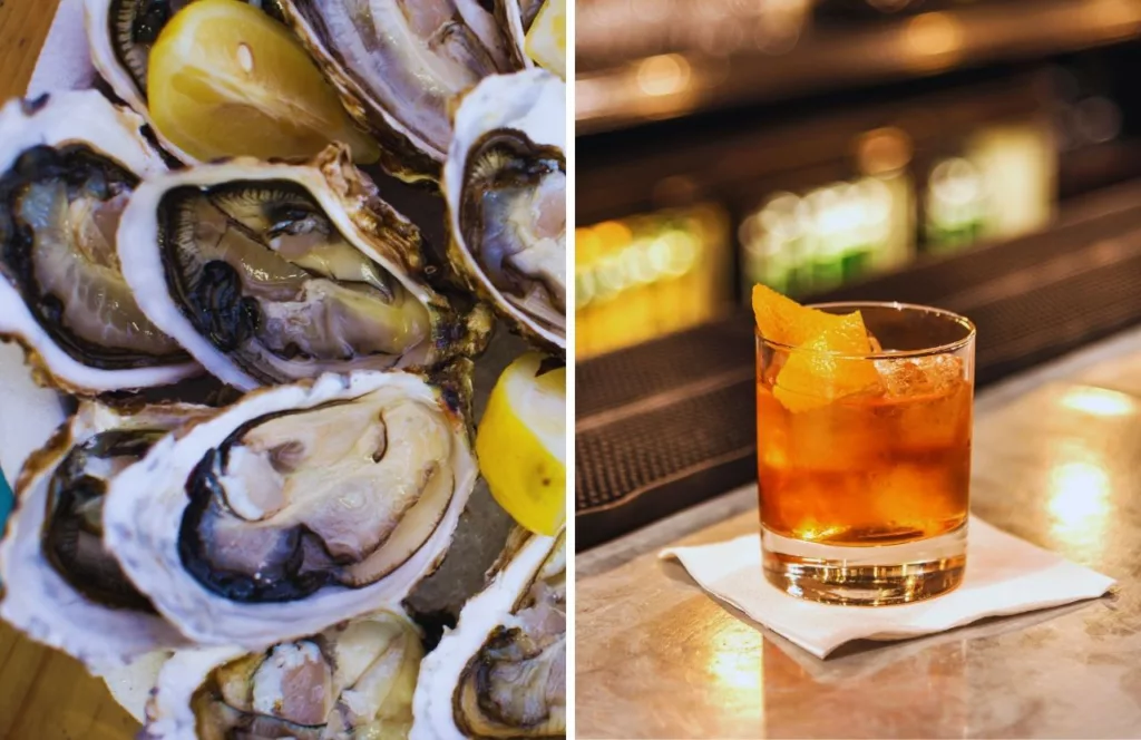Keep reading to learn about the best bars in Treasure Island, Florida Captain Bill's Oyster Bar with oysters on the left and an old fashion cocktail on the right
