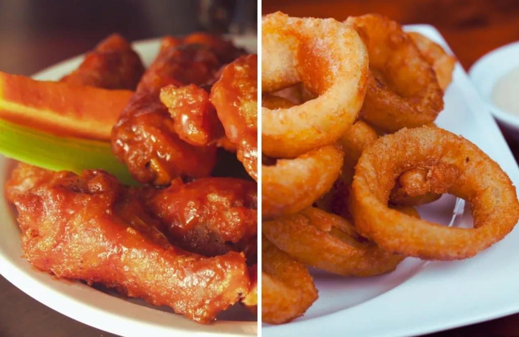 Keep reading to learn about the best bars in Treasure Island, Florida R Bar with buffalo chicken wings next to onion rings. 