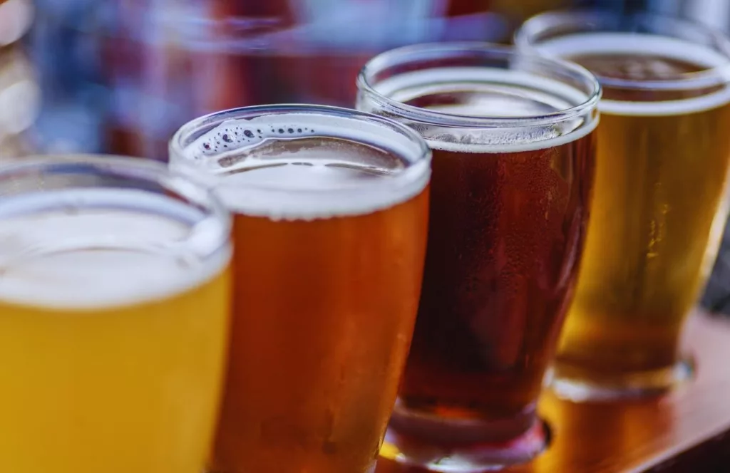 Photo of different beers lined up in glasses. Keep reading to learn more about the things to do in Gainesville at night.