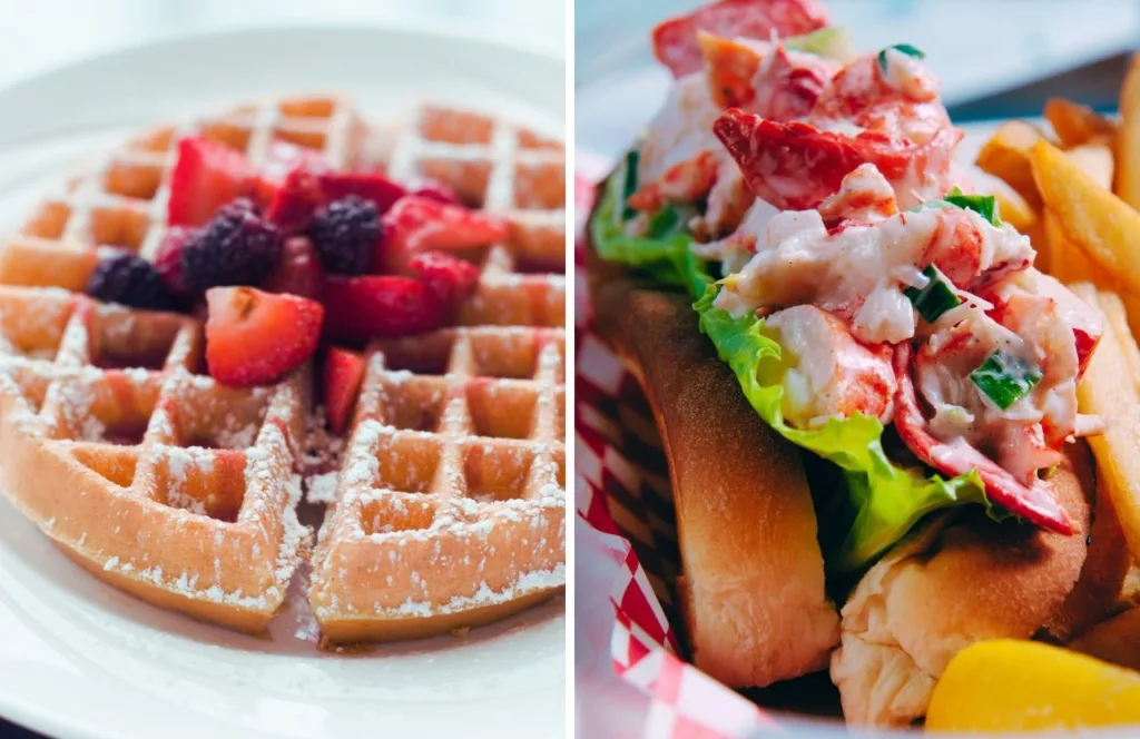 Keep reading to learn about the best bars in Treasure Island, Florida Sea Dog Brewing Co. with Waffles covered with blackberries and strawberries next to Maine lobster roll