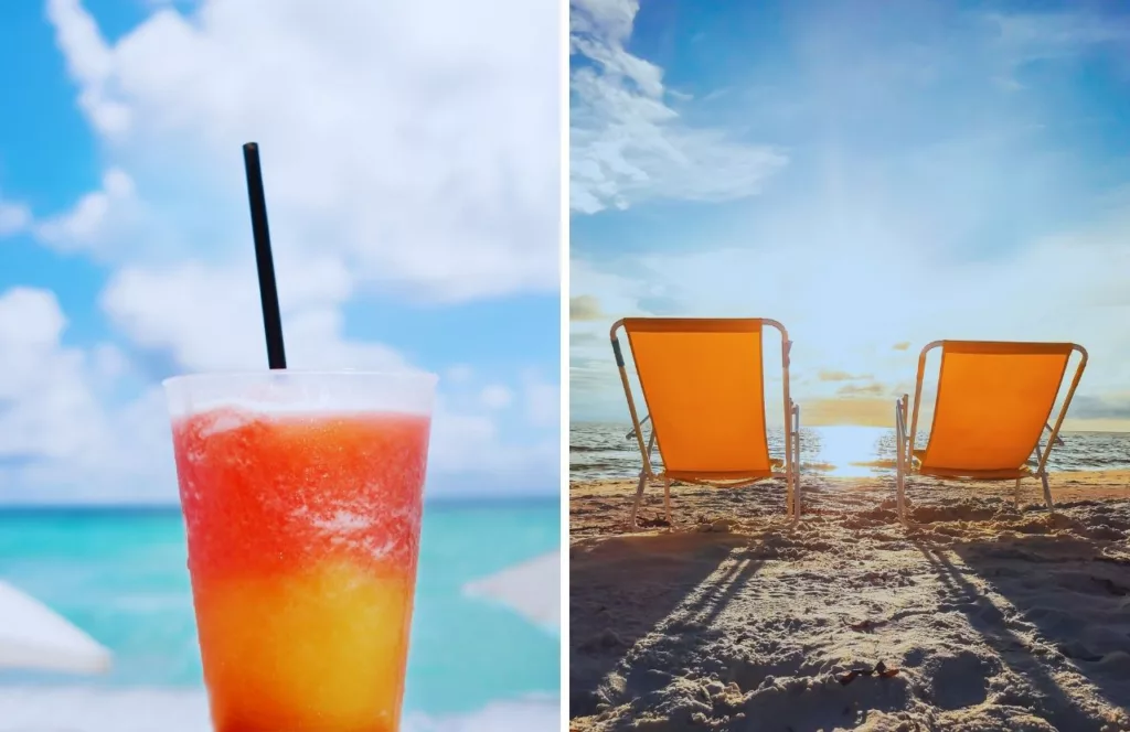 Lounge chairs out in the Florida sun on the beach and a tropical drink in a plastic cup at the water. Keep reading to learn more about the best beaches in Destin Florida.