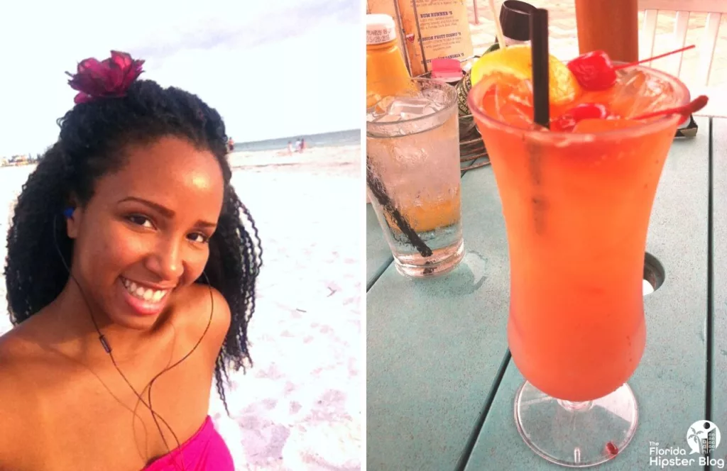 Keep reading to learn about the best bars in Treasure Island, Florida. Captain Bill's Oyster Bar with NikkyJ on the left after leaving and tropical fruity drink on the right. Keep reading to get the best beaches in florida for bachelorette party.