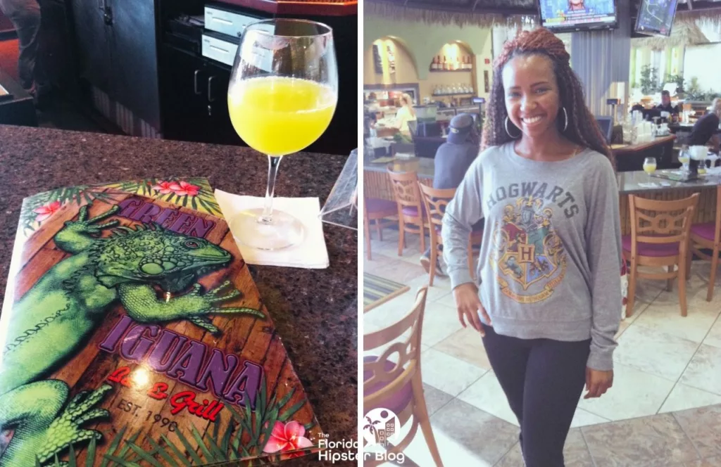 Key West, Florida Green Iguana Bar and Grill Menu with mimosa next to NikkyJ. Keep reading learn about what to pack for Florida and how to create the best Florida Packing List 