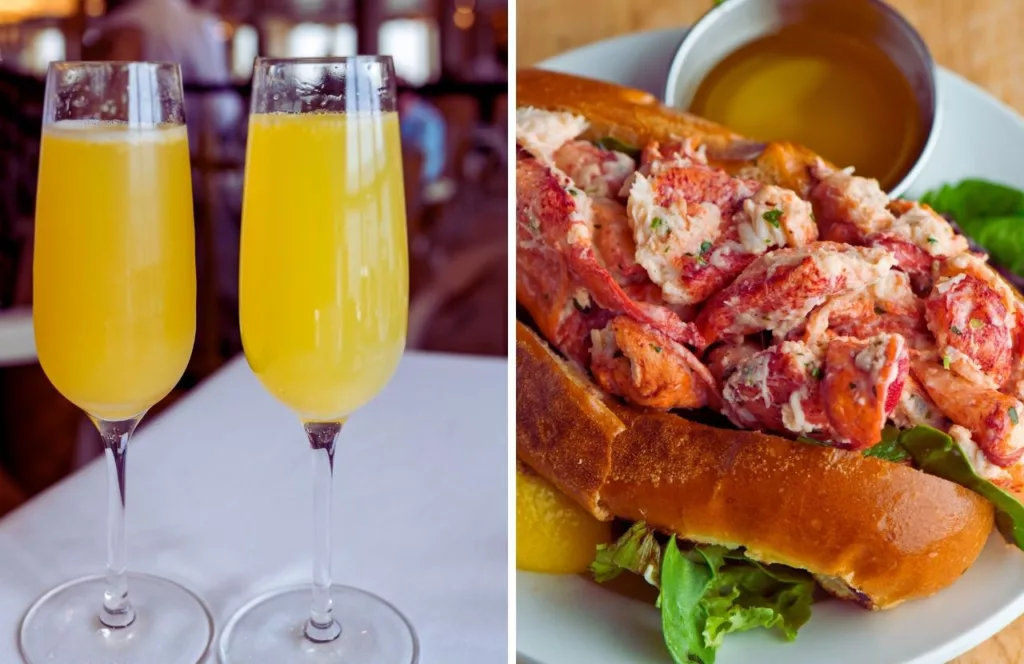 M Waterfront Grille Mimosa next to lobster roll. One of the best places to get brunch in Naples, Florida