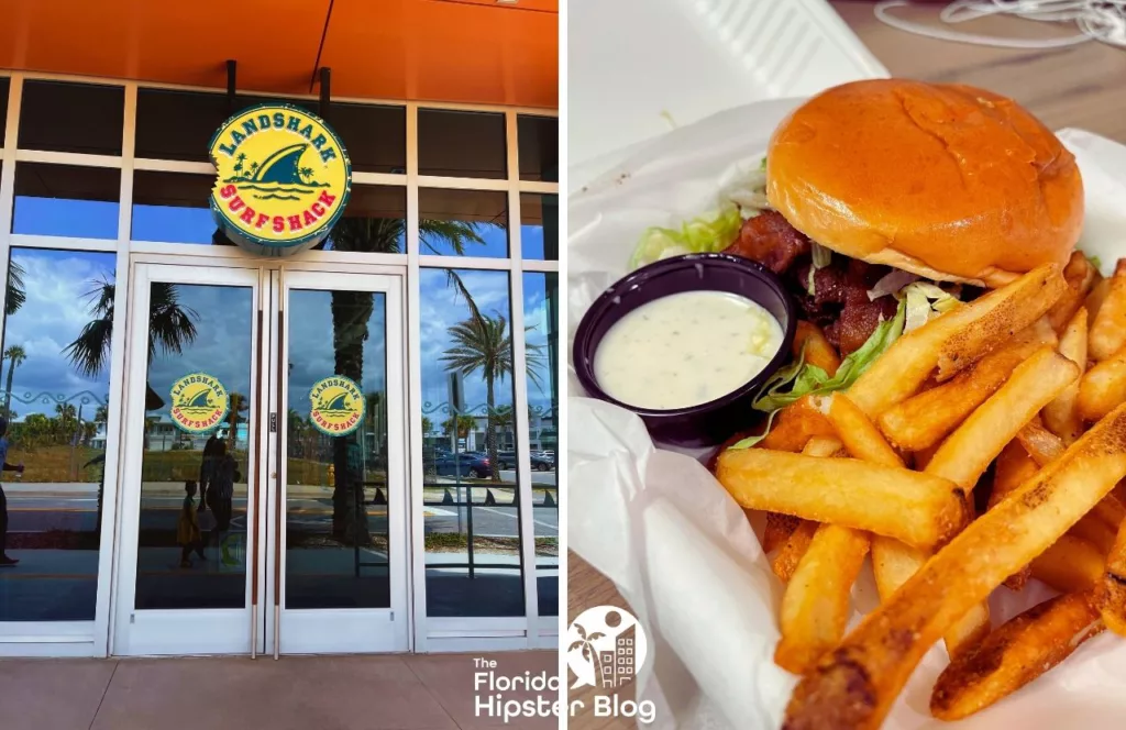 Margaritaville Resort Jacksonville Hotel Landshark Restaurant next to burger and fries. Keep reading for the best lunch in Jacksonville, Florida.