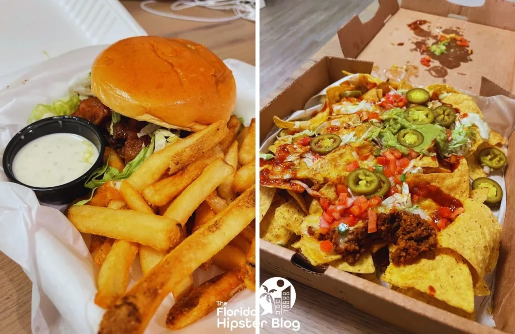 Margaritaville Resort Jacksonville Landshark Restaurant burger and fries next to loaded nachos. Keep reading for the best lunch in Jacksonville, Florida.