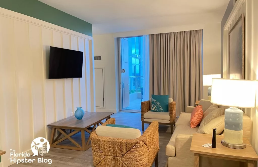 Margaritaville Resort Jacksonville living room full of beach bungalow décor. Keep reading to discover all there is to know about Margaritaville Beach Hotel Jacksonville.