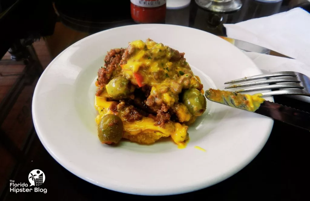 Naples, Florida Rumba Cuban Cafe Tostones Campestre with beef picadillo and olives. Keep reading to find out where to go for brunch in Naples. 